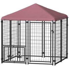 Welded Wire Outdoor Dog Kennel With 360 Rotating & 4 Levels Adjustable Bowls, Waterproof Cover, 4.6 X 4.6 X 5 (Color: Black)